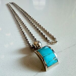 Sterling Silver Turquoise Convex Pendant Necklace .925 Mexico